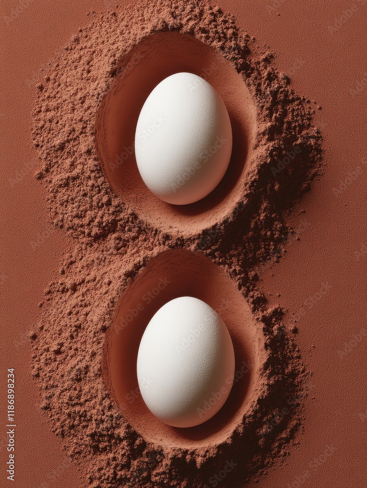 Aufkleber two white eggs resting in brown cocoa powder on a flat surface with a textured backdrop during a cre