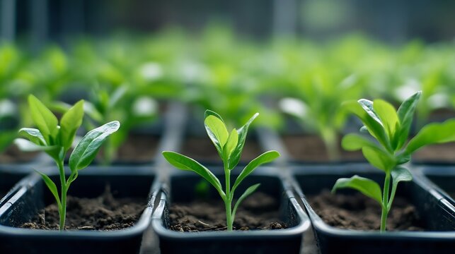 Vibrant Green Seedlings in Black Plastic Pots Positioned in Rows for Early Spring Gardening Preparation : Generative AI
