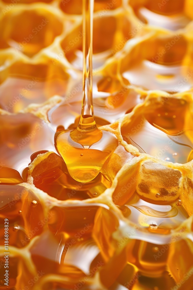 Poster honey being poured into a honeycomb structure in a close-up view of natural sweetness and texture