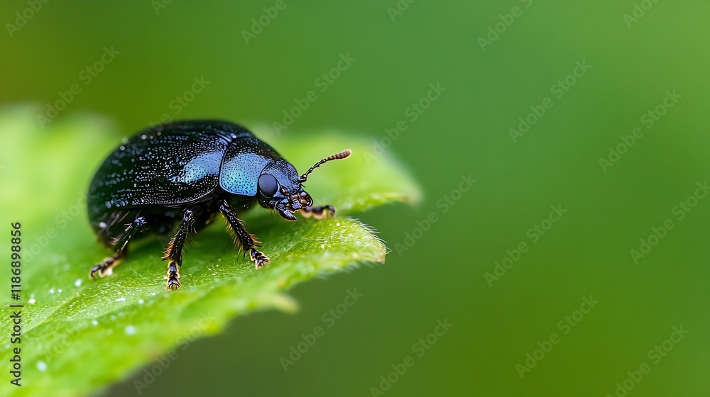 Poster Green Beetle on Leaf Showing Iridescent Shell in a Natural Environment : Generative AI