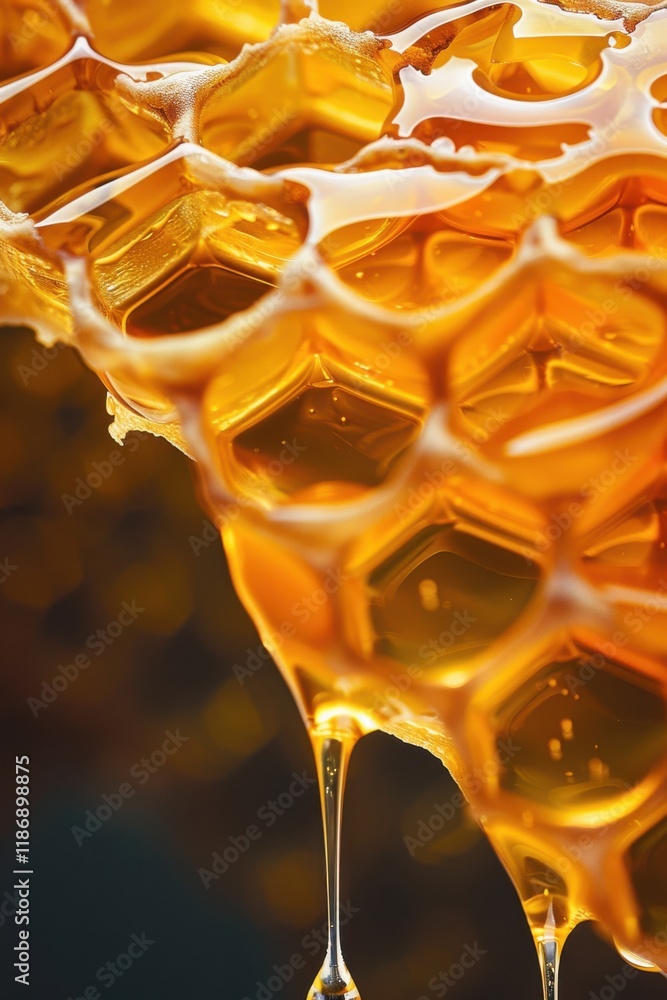 Poster golden honey dripping from a honeycomb, showcasing the intricate structure and texture of the bees' 