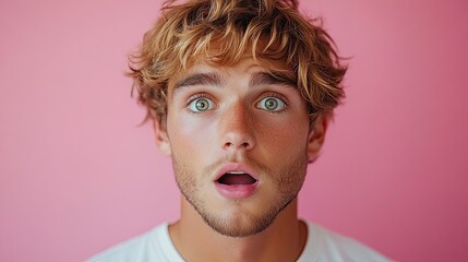 A young man with blonde hair and green eyes looks shocked, mouth open, against a pink background.