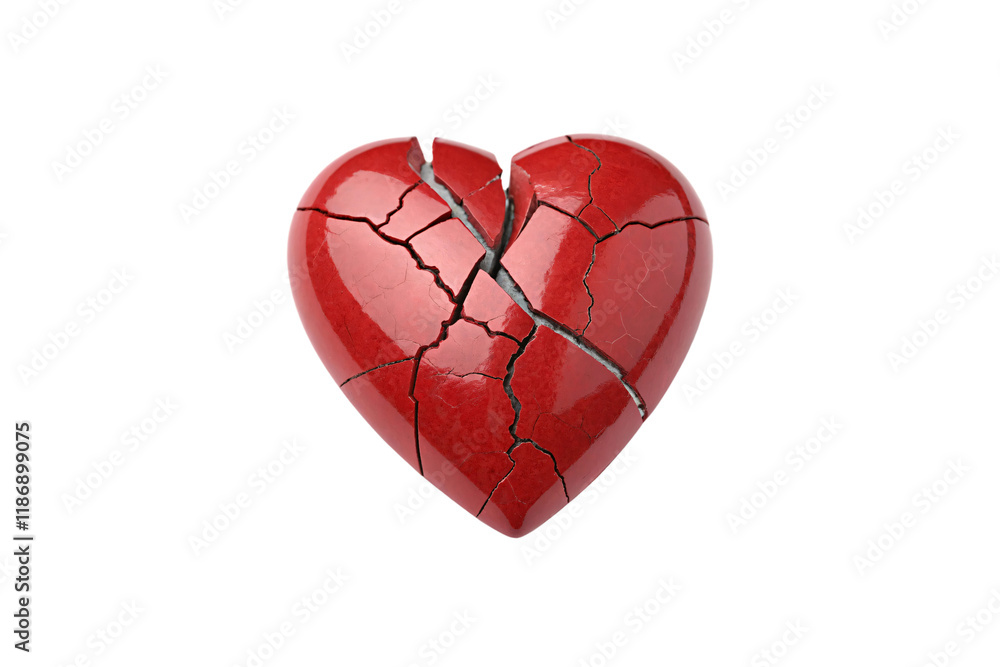 Poster a glossy red heart with sharp, distinct cracks creating a fragmented appearance, highlighting themes