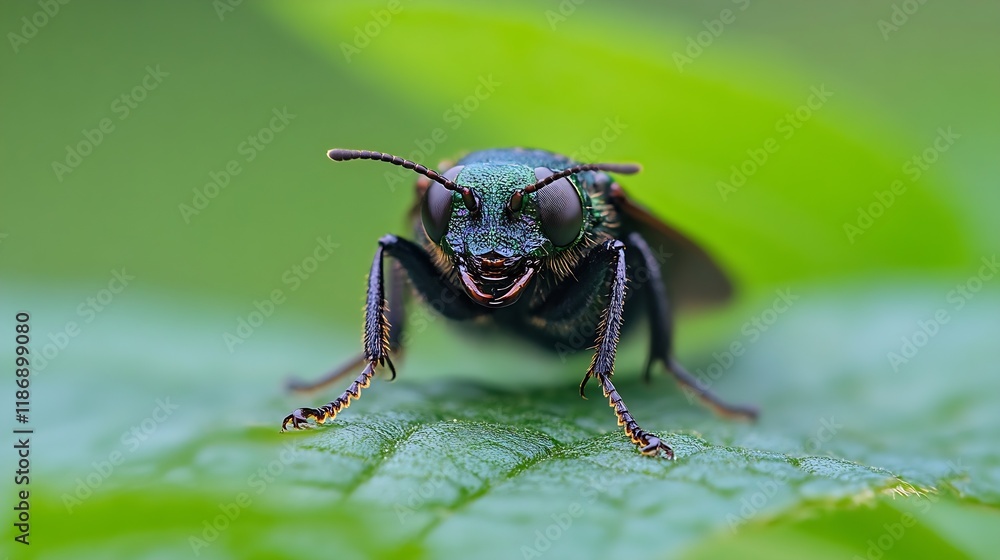 Poster macro photography of a vibrant insect on leaf against green background : generative ai