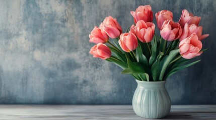 Elegant Pink Tulips in a Vase on a Rustic Wooden Table Setting : Generative AI