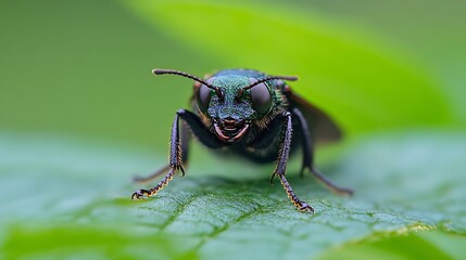 Macro Photography of a Vibrant Insect on Leaf Against Green Background : Generative AI