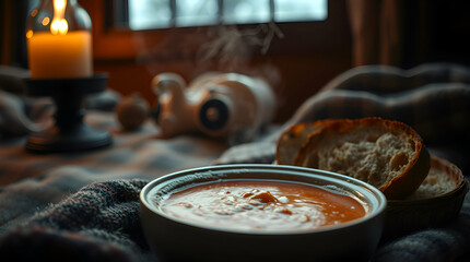 A cozy winter scene with a steaming bowl of homemade tomato soup and crusty bread.	