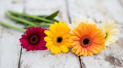 Vibrant Gerbera Daisies on Rustic Wooden Table Photographed in Natural Light : Generative AI