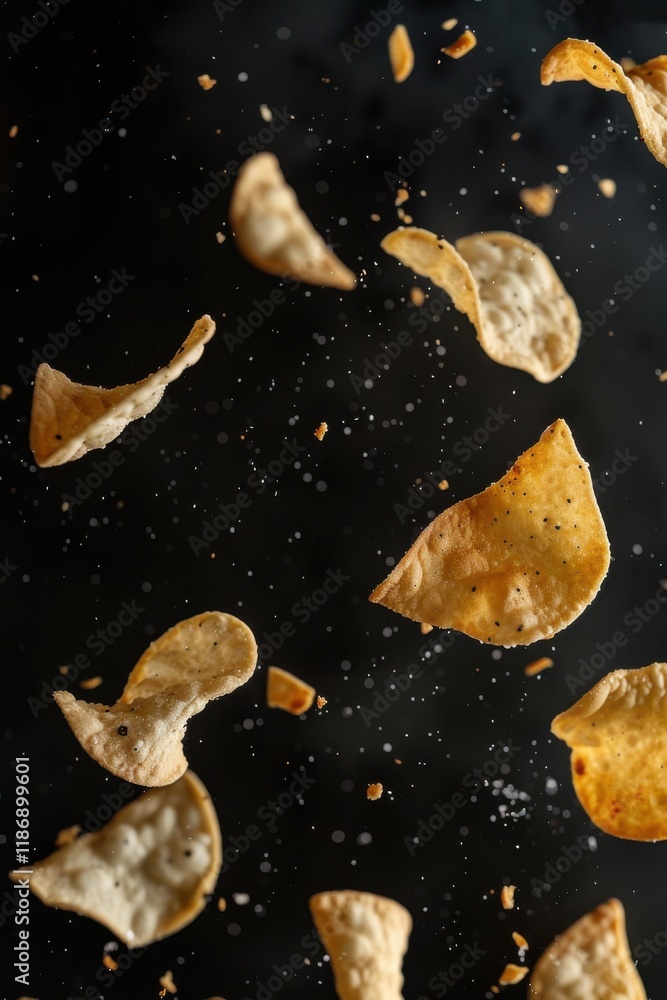 Poster crispy potato chips flying through the air against a dark background creating a playful and dynamic 