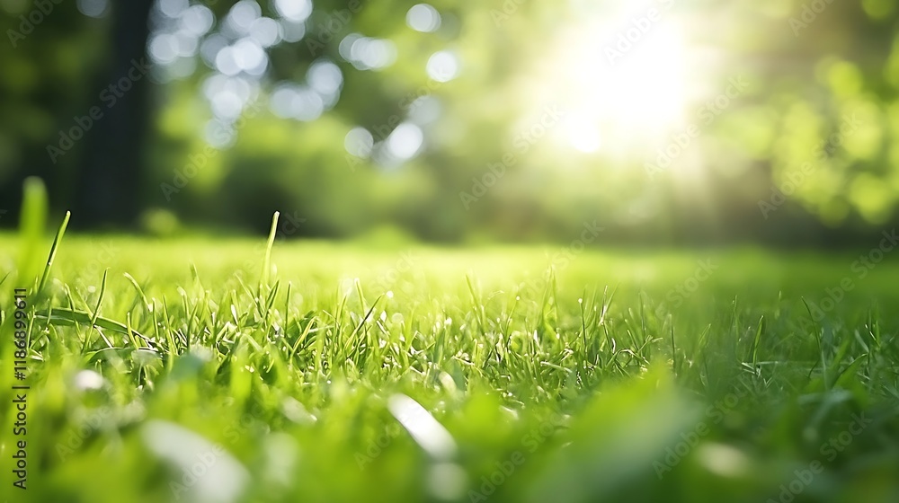 Poster Tranquil Sunlit Grass Meadow with Dew Drops in Soft Focus Background : Generative AI