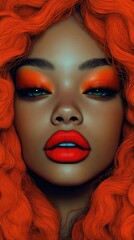 Portrait of a woman with vibrant orange hair and bold makeup.