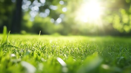 Tranquil Sunlit Grass Meadow with Dew Drops in Soft Focus Background : Generative AI
