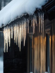 Icicles hanging from a snow-covered rooftop during winter at a rural cabin in a forested area