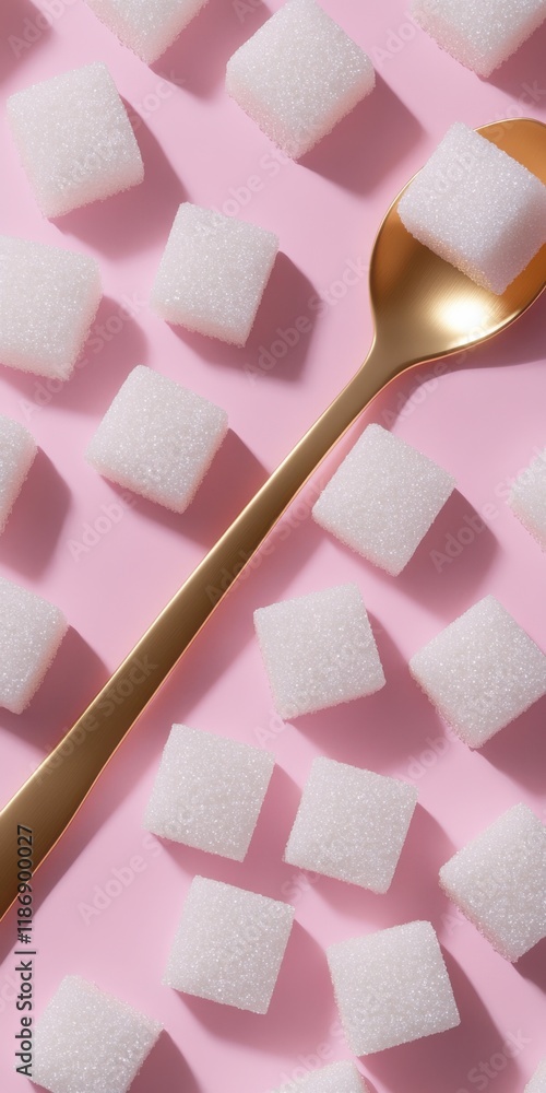 Poster white sugar cubes arranged neatly on a pink background with a golden spoon serving as an elegant acc
