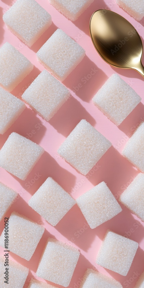 Poster sugar cubes arranged on a pink background with a golden spoon creating a visually appealing culinary