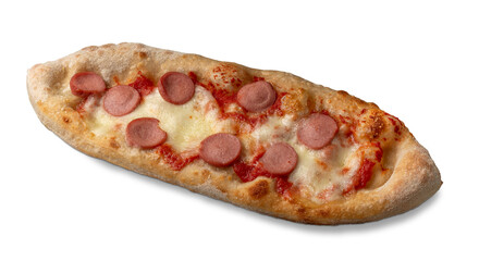 Pizza with tomato and cheese sauce and Würstel slices. Cut out