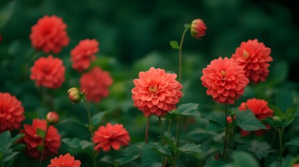 Coral Dahlias Bloom Abundantly In Lush Green Foliage