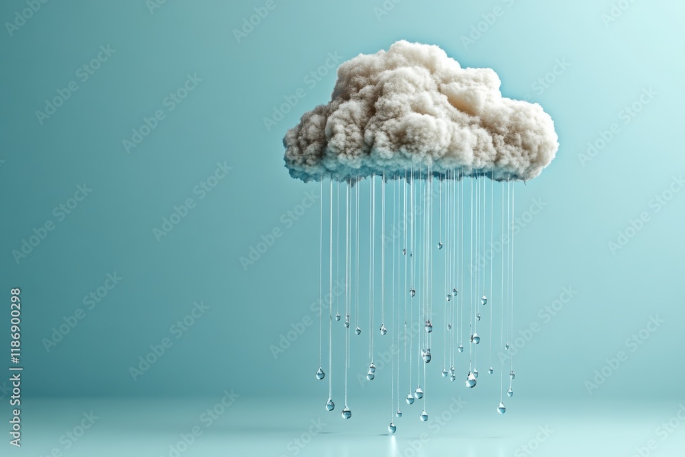 Poster cloud with rain droplets hanging down, creating a serene and artistic atmosphere in a minimalist set