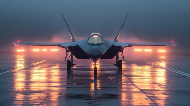 Military fighter jet stands ready on a wet runway at dawn, reflecting lights in the fog