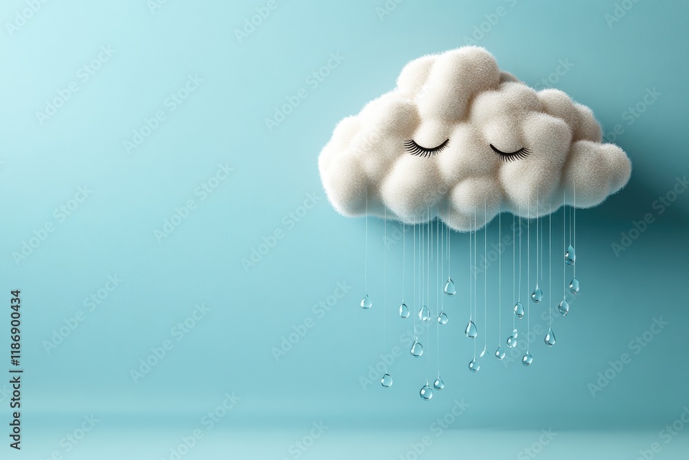 Poster soft cloud with closed eyes and raindrops falling on a light blue background creates a calming atmos