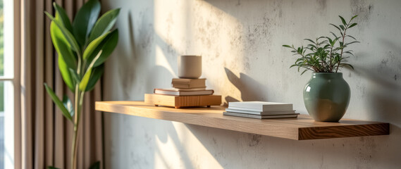 minimalist wooden shelf with a curated arrangement books plant cup