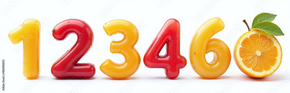 Poster a selection of fresh fruits and numbers are isolated against a clean white background for visual cla