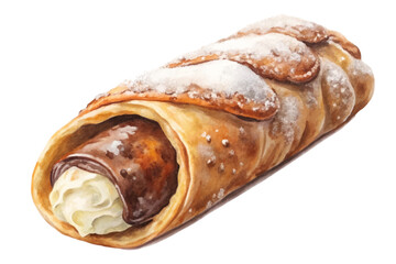 Delicious pastry roll, creamy filling, sweet dessert, golden brown crust, sugar topping, food illustration, bakery treat.