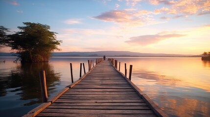 Obraz premium Tranquility at Peten Lake: A Captivating Sunset View from the Beautiful Dock in Guatemala's Premier Tourist Destination