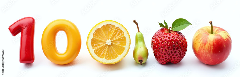 Poster a selection of fresh fruits and numbers are isolated against a clean white background for visual cla