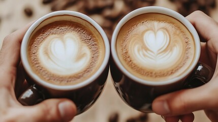 Two Hands Holding Latte Art Coffee Cups with Heart Designs for Morning Routine : Generative AI