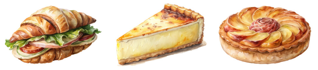 Delicious pastry assortment, fresh croissant sandwich, creamy cheesecake slice, elegant fruit tart, vibrant food illustration.