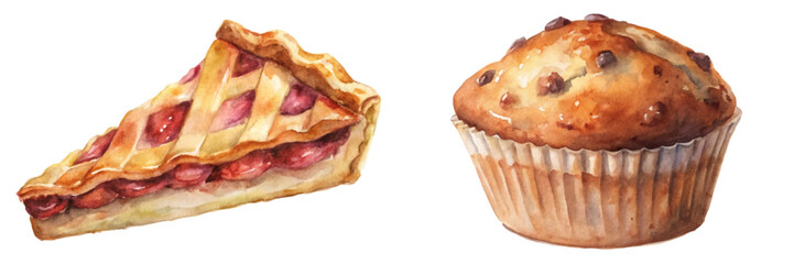 Delicious pie slice, fresh muffin, watercolor illustration, bakery treats, dessert art, food styling, sweet indulgence.