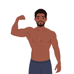 Fototapeta premium Young muscular man flexing bicep. Flat vector illustration isolated on white background