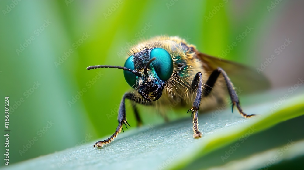 Poster macro closeup of a vibrant green bee resting on leaf in natural habitat : generative ai