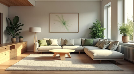 beige sectional sofa a sunlit living room
