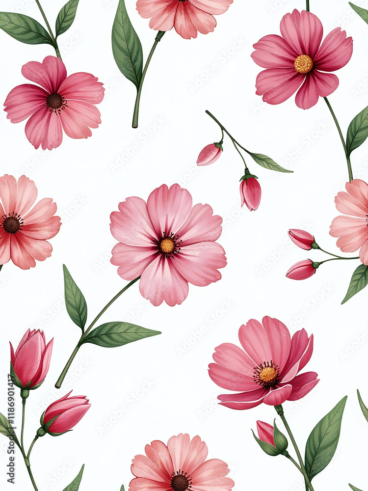 Poster a seamless watercolor floral pattern isolated against a crisp white background, perfect for use in v