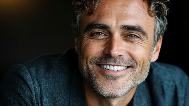 A joyful man with a wide, content smile, highlighting his positive energy and enthusiasm, perfect for portraying success, happiness, and confidence.