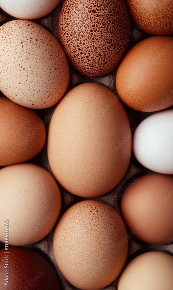 Poster collection of various egg types arranged on a textured surface showing different colors and patterns