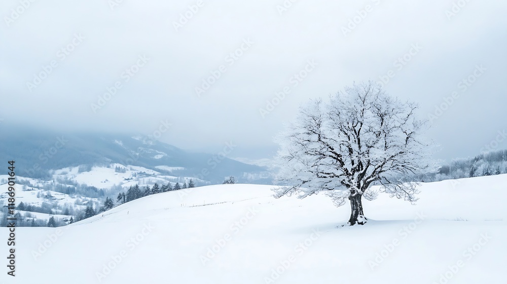 Poster serene winter landscape with snow covered tree on rolling hills : generative ai