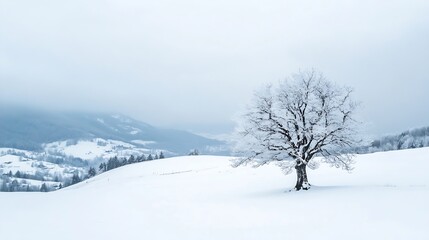 Obraz premium Serene Winter Landscape with Snow Covered Tree on Rolling Hills : Generative AI