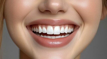 Fototapeta premium Close-up of a womanâ€™s face, laughing joyfully, showing the beauty of an authentic, radiant smile, highlighting happiness and positivity.