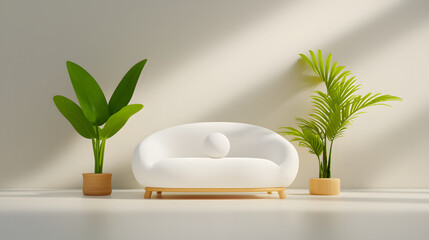 modern and minimalist living room featuring white sofa, surrounded by lush green plants in wooden pots, creating bright and airy atmosphere