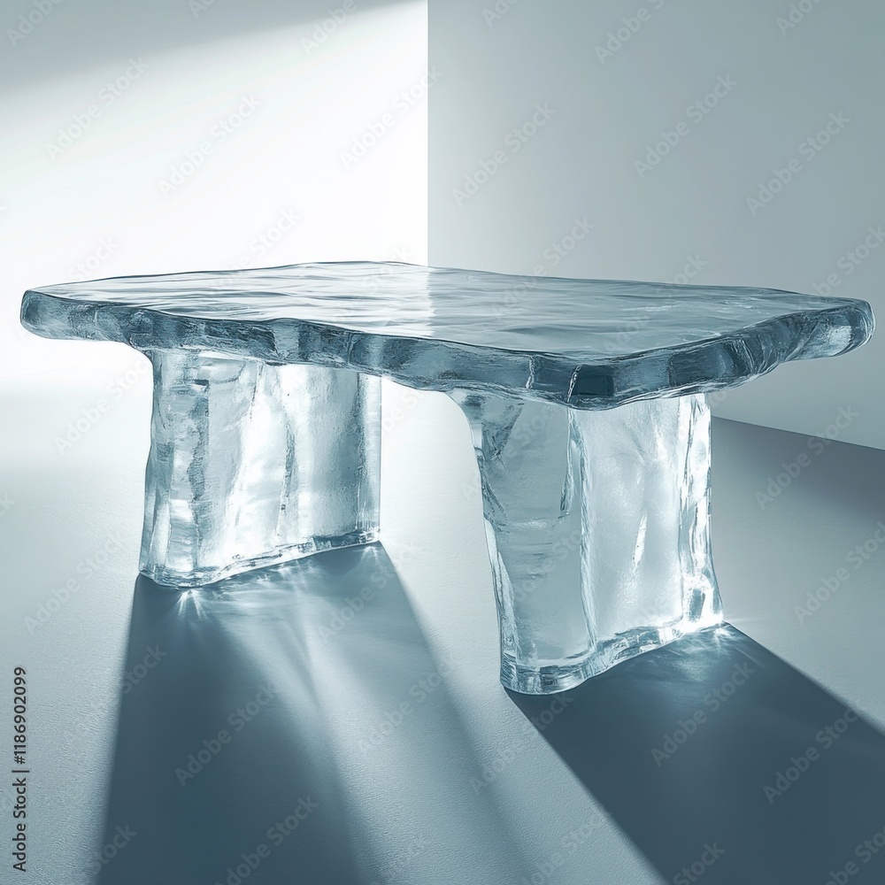 Poster unique transparent table design resembling ice with smooth edges and illuminated by soft natural lig