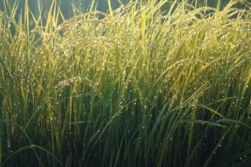 Obraz premium Morning dew glistens on rice plants in a lush green field during early hours of the day