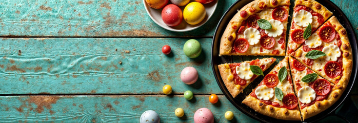 Delightful Easter egg hunt with decorated eggs and festive pizza on a rustic wooden table. Happy Easter Banner