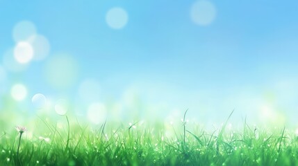 Obraz premium Beautiful sunny spring meadow with green grass and blue sky. Abstract background with light bokeh and space for text