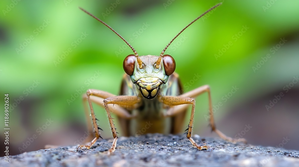 Poster macro shot of vibrant green grasshopper on stone surface : generative ai