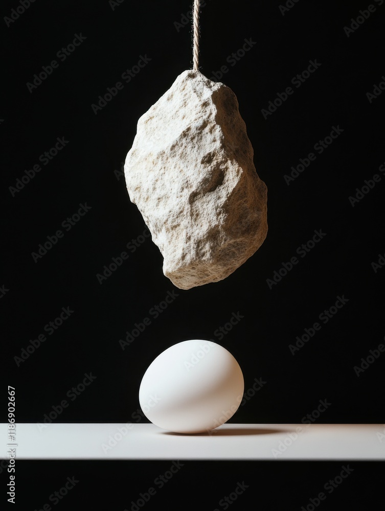 Poster heavy stone suspended above a fragile white egg on a minimalistic table against a dark background sh