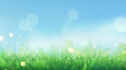 Obraz premium Beautiful sunny spring meadow with green grass and blue sky. Abstract background with light bokeh and space for text