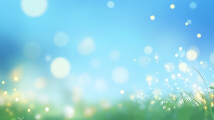 Obraz premium Beautiful sunny spring meadow with green grass and blue sky. Abstract background with light bokeh and space for text